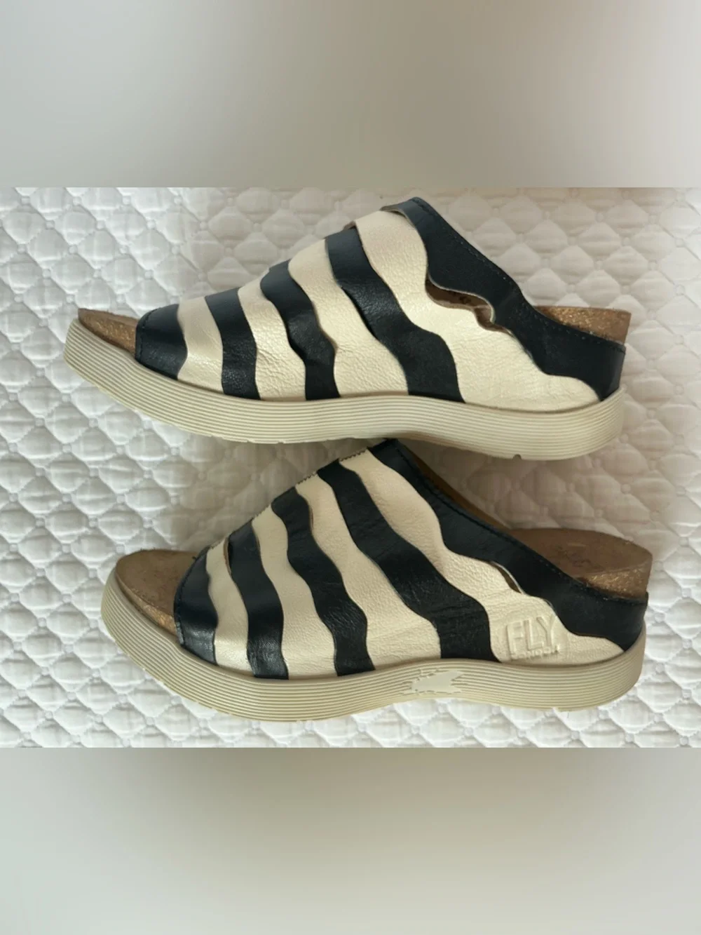 Fly London Wynt Zebra Stripe Leather Low Wedge Slide Sandals 39 (8-8,5 US)